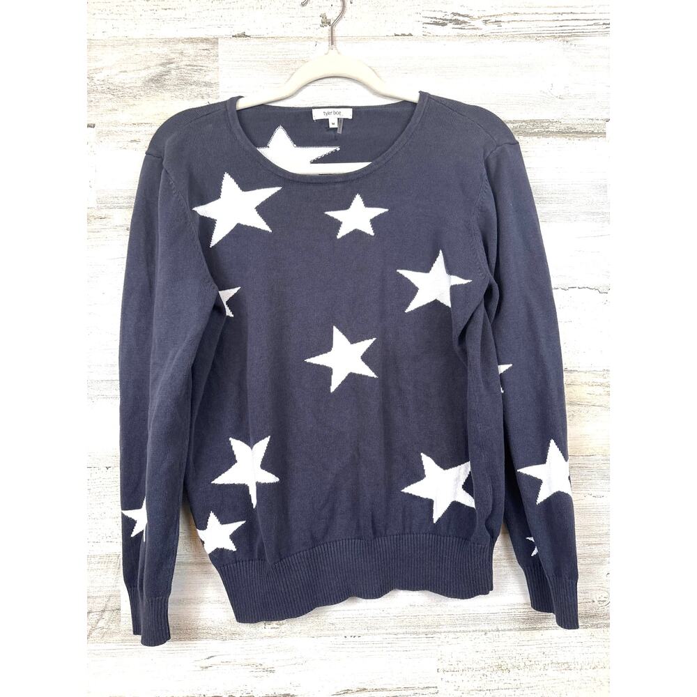 Tyler Boe Womens M Blue White Star Cotton Crew Neck Designer Knit Sweater